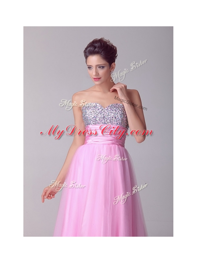 Lovely A Line Brush Train Rose Pink Discount Evening Dresses with Beading for Spring