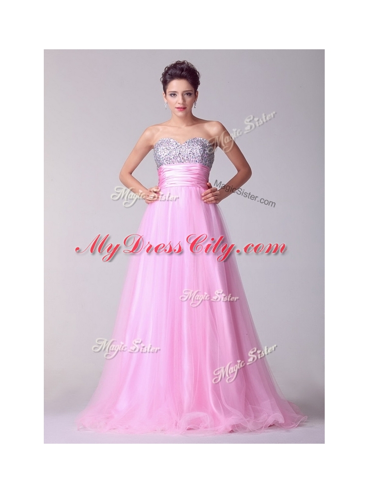 Lovely A Line Brush Train Rose Pink Discount Evening Dresses with Beading for Spring