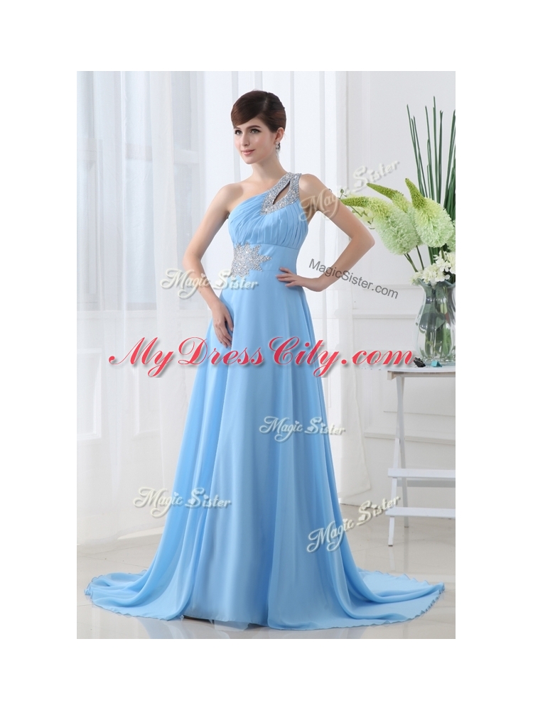 Sweet One Shoulder Brush Train Beading Discount Evening Dress with Lace Up