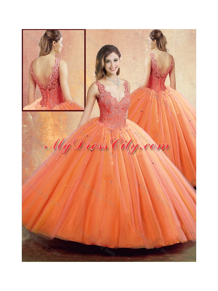 Beautiful Straps Orange Sweet 16 Dresses with Beading and Appliques
