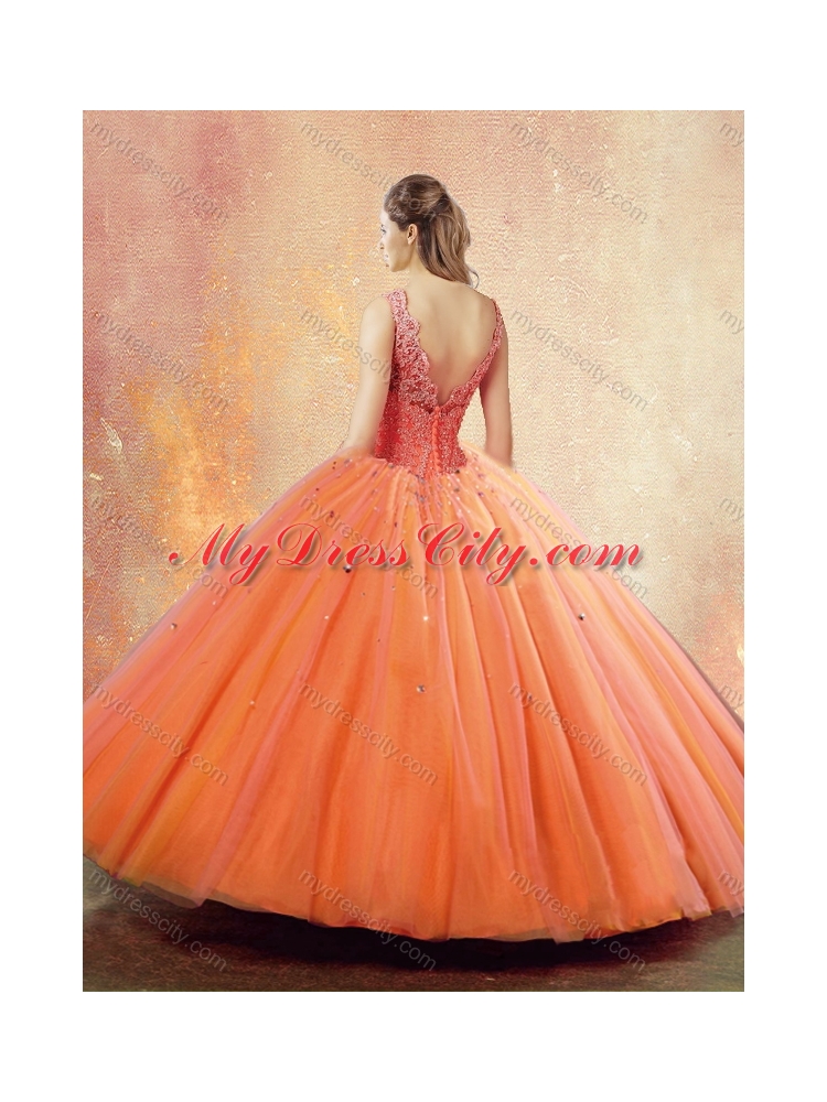 Beautiful Straps Orange Sweet 16 Dresses with Beading and Appliques