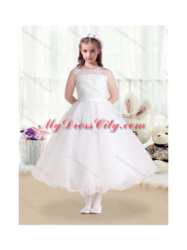 2016 Cheap Scoop Appliques White Flower Girl Dresses
