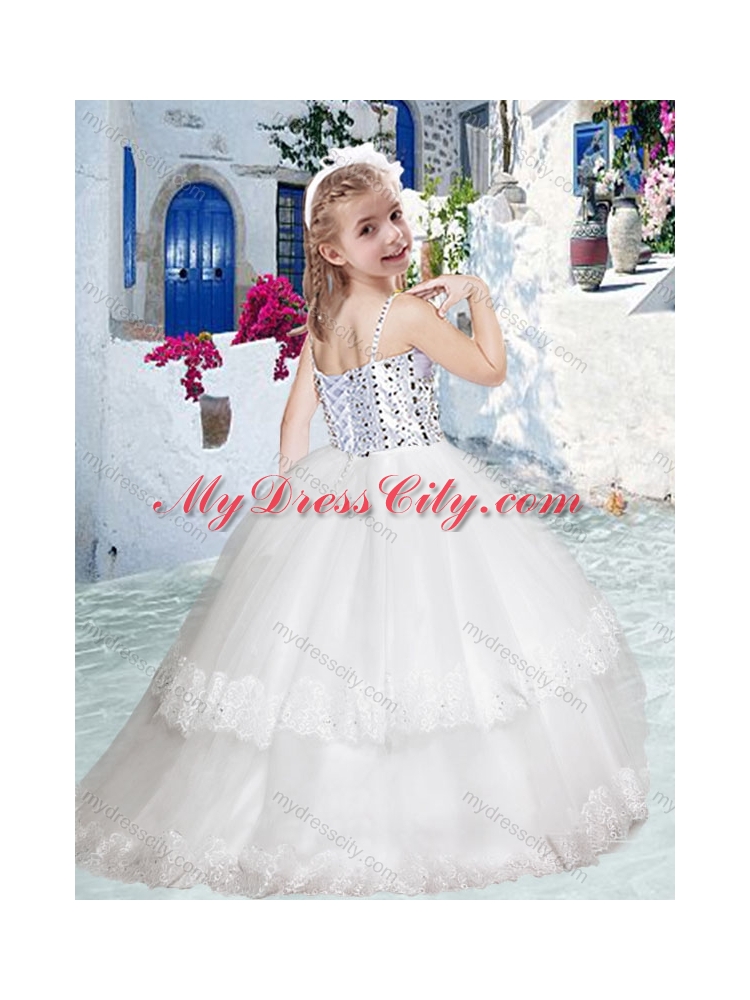 Cheap Spaghetti Straps Flower Girl Dresses with Beading and Lace