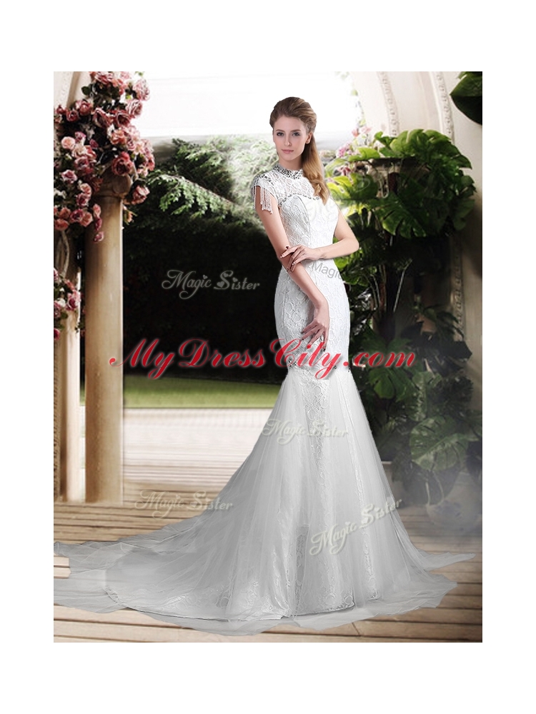 Luxurious Mermaid High Neck Beading Wedding Dresses with Brush Train