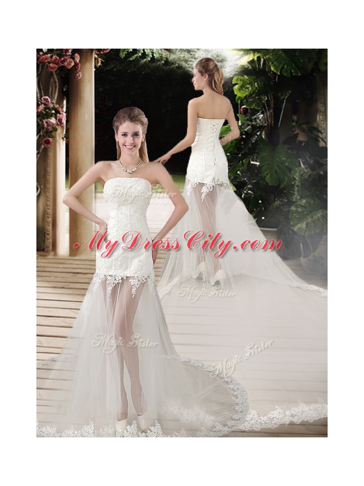 Popular See Through Empire Strapless Appliques Wedding Dresses with Court Train