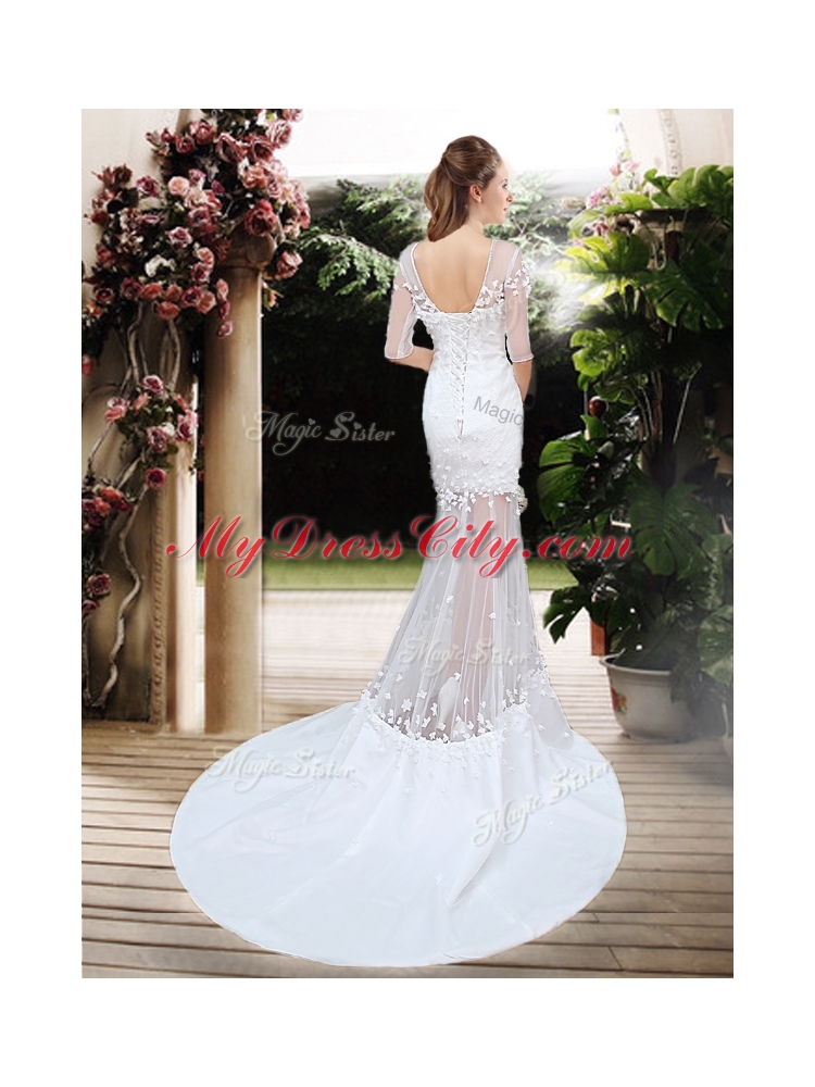 Exquisite Column Scoop Brush Train Appliques Wedding Dresses with Half Sleeves