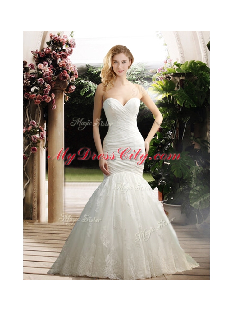 Popular Mermaid Sweetheart Wedding Dresses with Appliques and Ruching