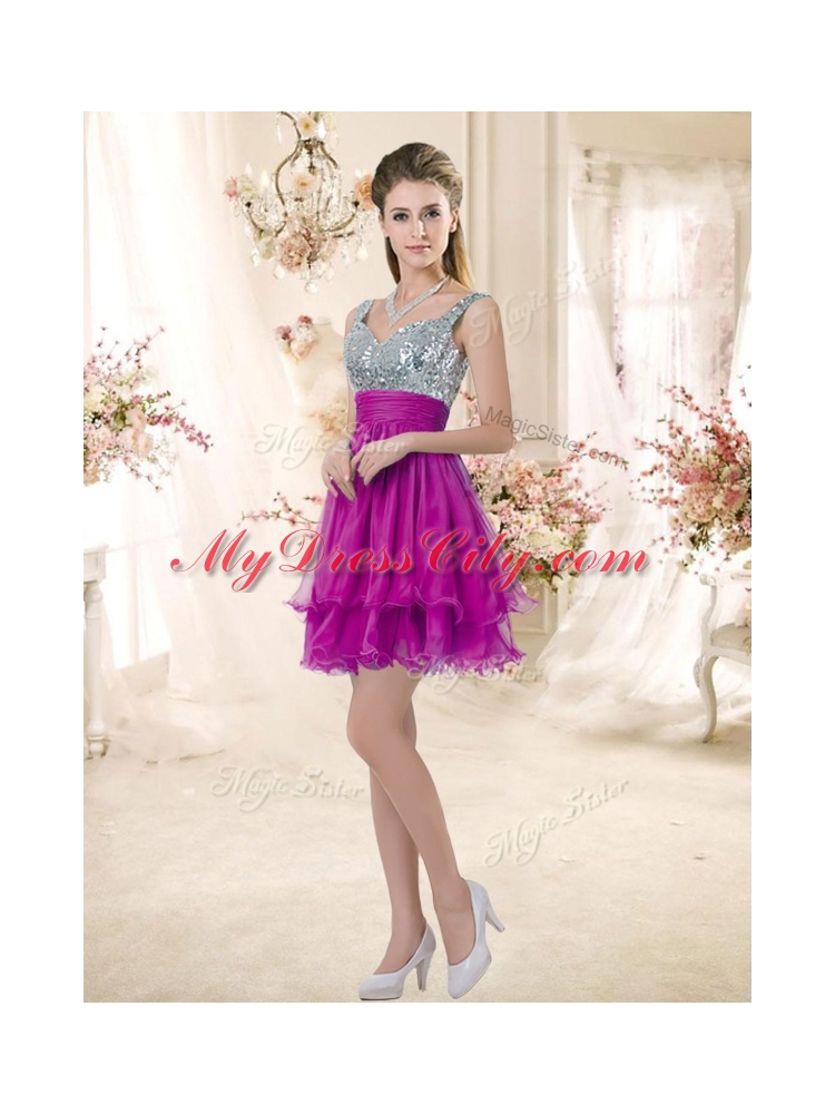 Hot Sale Straps Short Fuchsia Dama  Dresses with Sequins