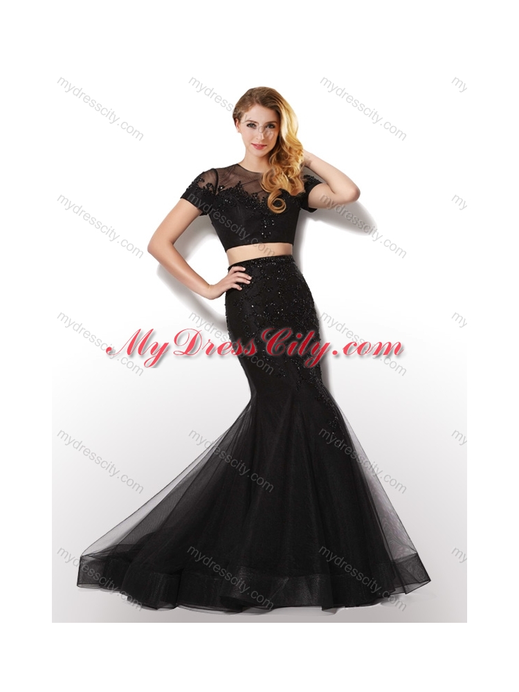 2016 Hot Sale Two Piece Scoop Black Junior Bridesmaid Dresses with Short Sleeves
