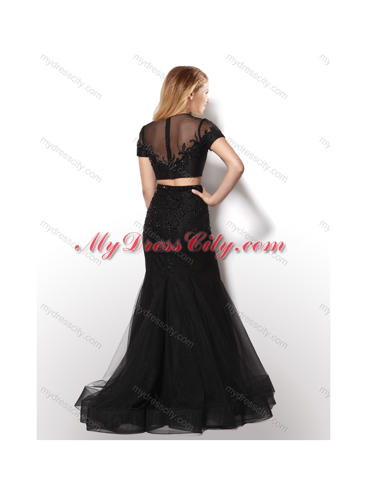 2016 Hot Sale Two Piece Scoop Black Junior Bridesmaid Dresses with Short Sleeves