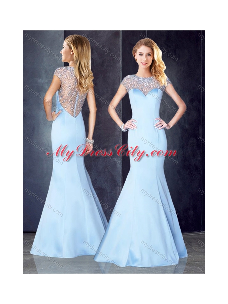 2016 See Through Back Beaded Light Blue Junior Bridesmaid Dresses with Cap Sleeves