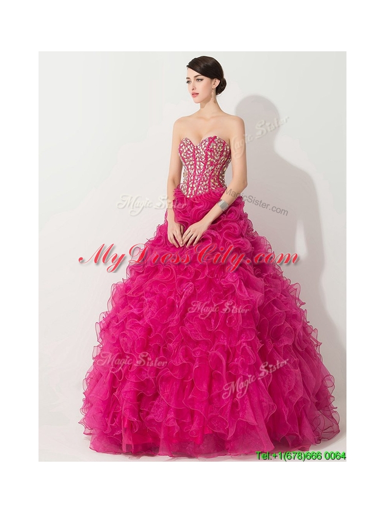 Visible Boning Hot Pink Quinceanera Gown with Beading and Ruffles