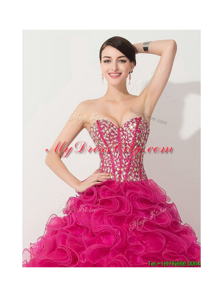 Visible Boning Hot Pink Quinceanera Gown with Beading and Ruffles