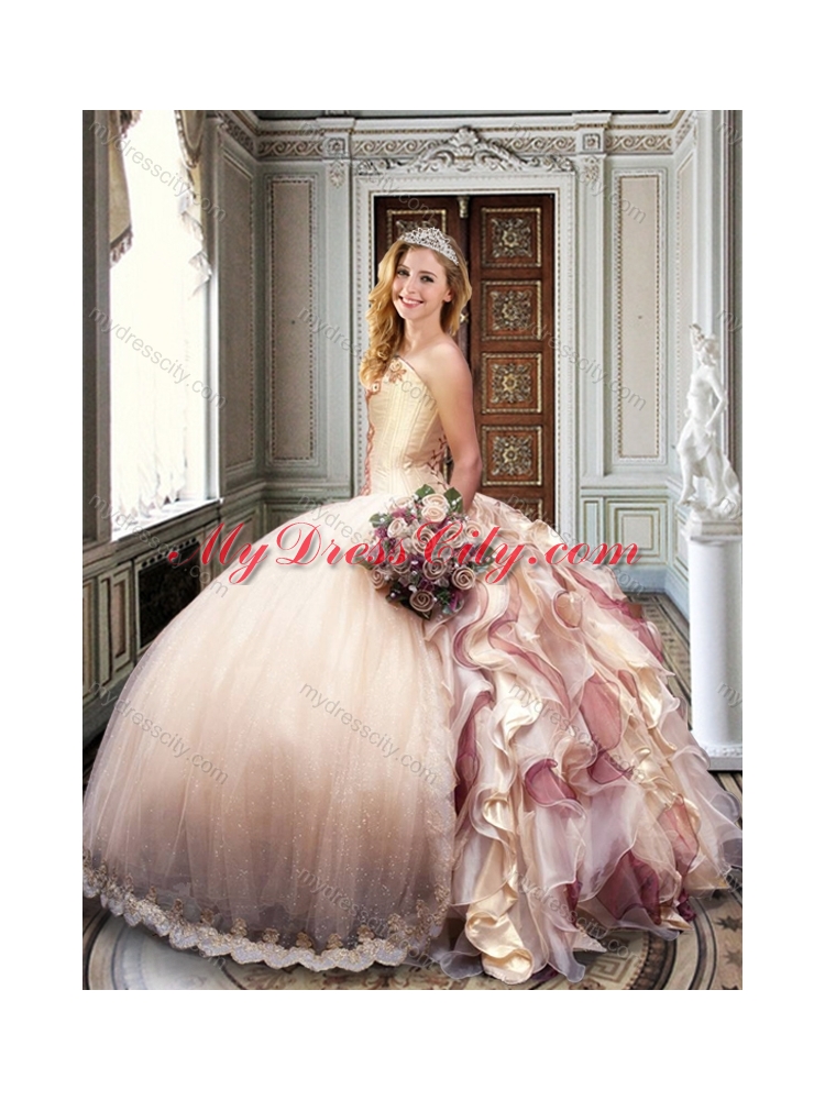 2016 Ball Gown Strapless Champagne Sweet 16 Dress with Appliques and Ruffles