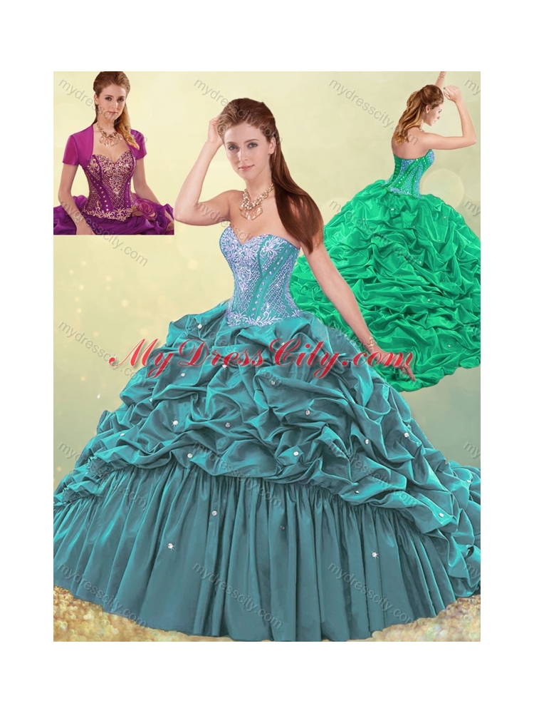 Beautiful Brush Train Teal Quinceanera Dress with Beading and Bubbles