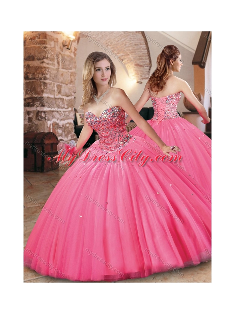 Cheap Beaded Bodice Really Puffy Quinceanera Dress in Hot Pink