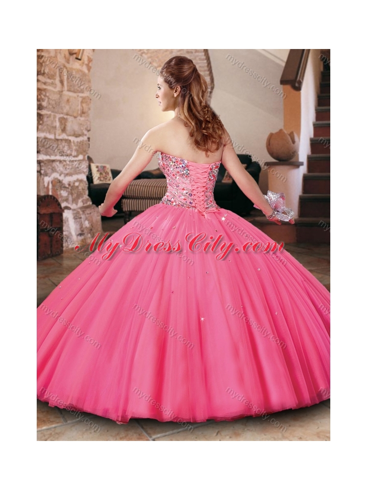 Cheap Beaded Bodice Really Puffy Quinceanera Dress in Hot Pink