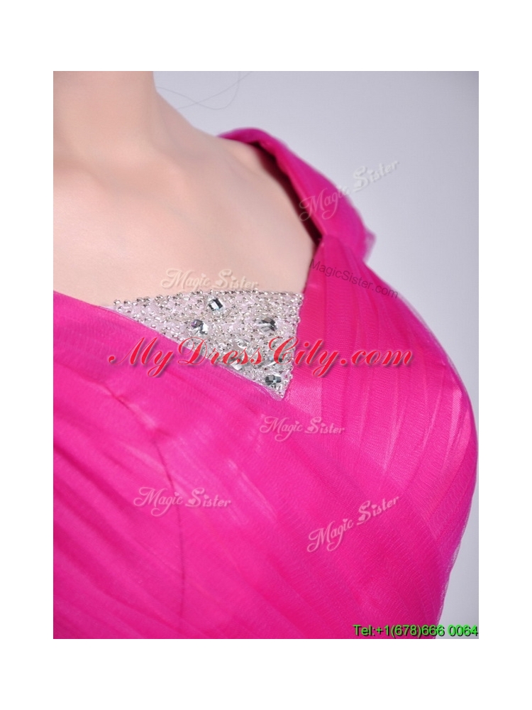 Exclusive Organza Beaded Top Hot Pink Dama Dress with Cap Sleeves