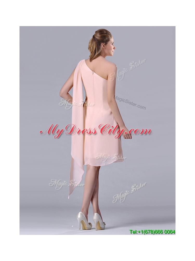 Cheap One Shoulder Chiffon Ruching Short Bridesmaid Dress in Pink