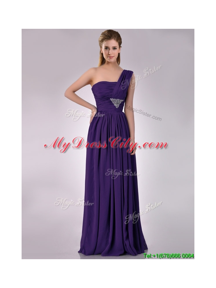 Discount Empire Beaded and Ruched Dark Purple Bridesmaid Dress with One Shoulder