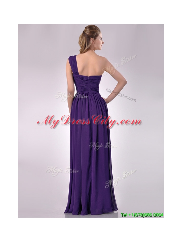 Discount Empire Beaded and Ruched Dark Purple Bridesmaid Dress with One Shoulder