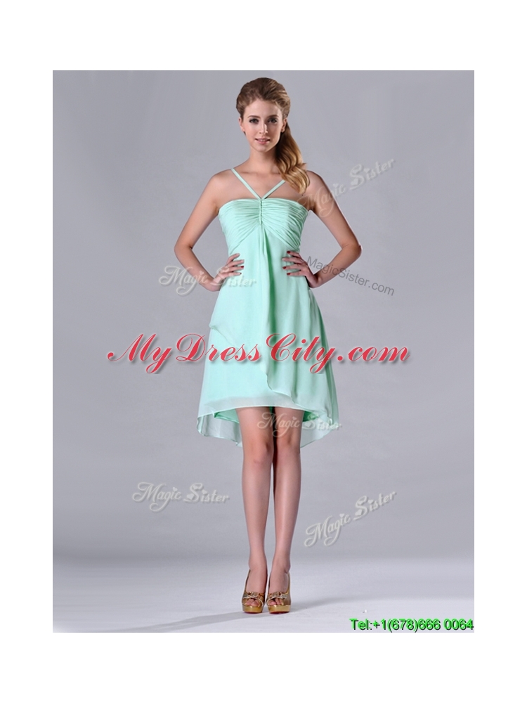 Empire Straps Apple Green Ruching Short Dama Dress in Chiffon