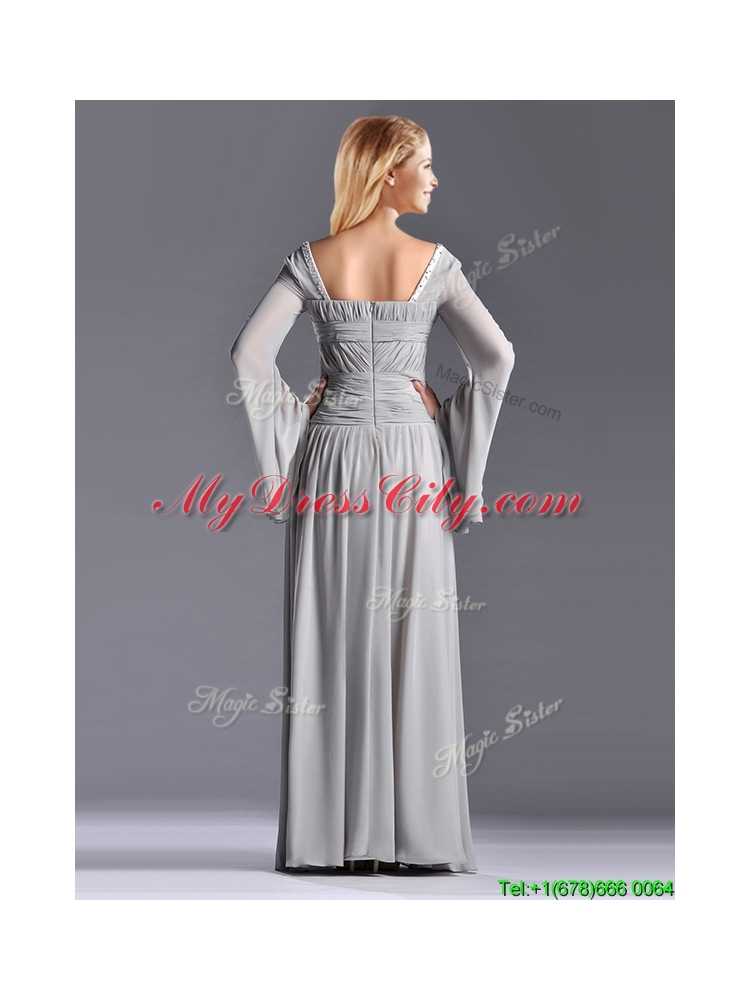 Classical Square Beaded and Ruched Vintage Mother Dress with Long Sleeves