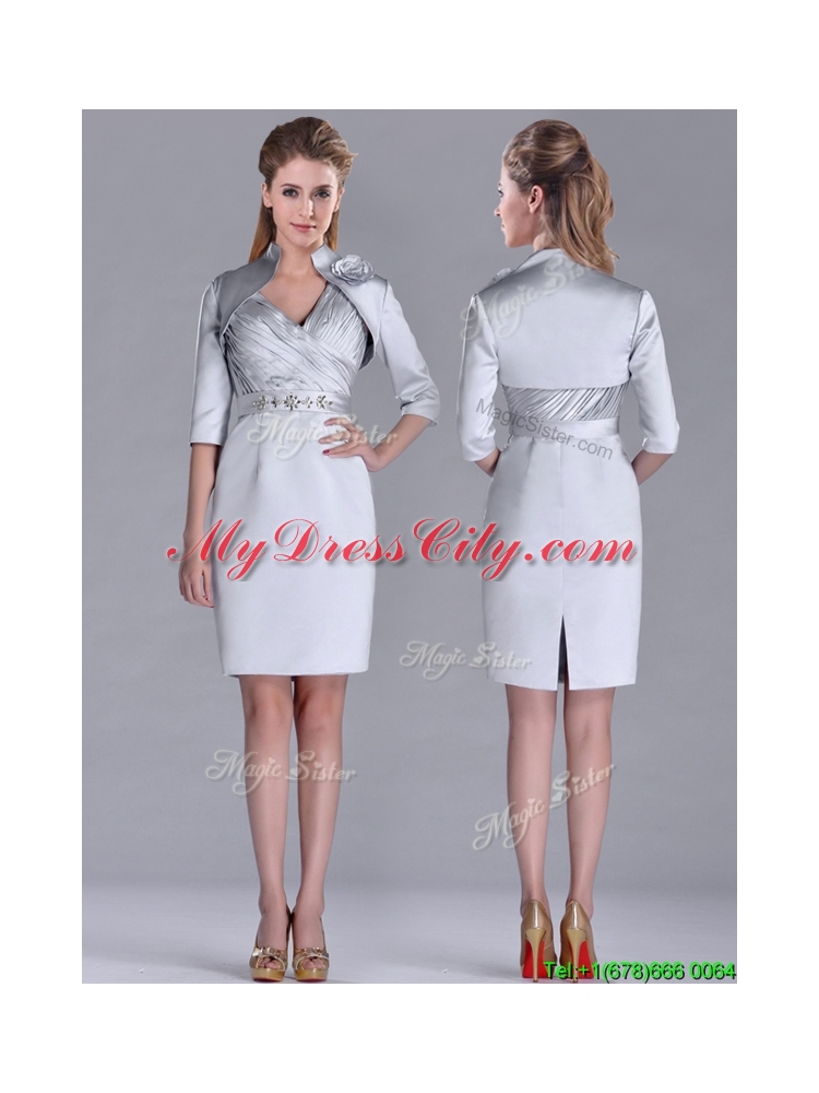 Popular Column Belted with Beading Silver Vintage Mother Dress with V Neck