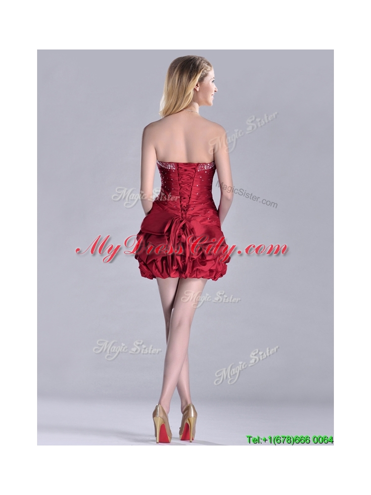 Classical Taffeta Wine Red Short Prom Dress with Beading and Bubbles