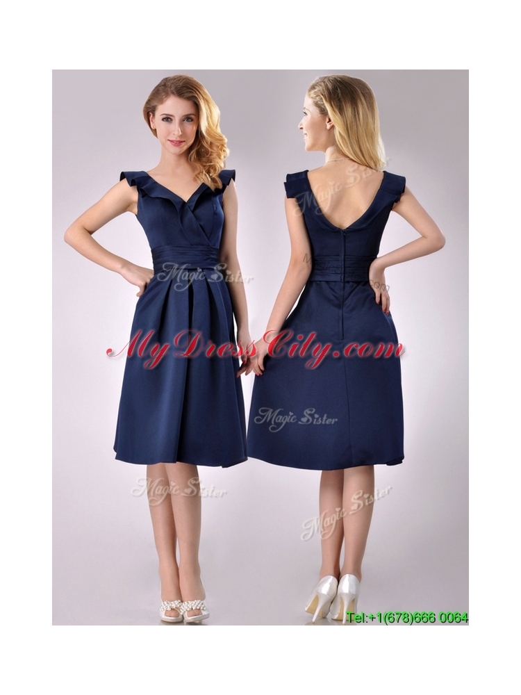 Beautiful V Neck Navy Blue Empire Prom Dress with Cap Sleeves