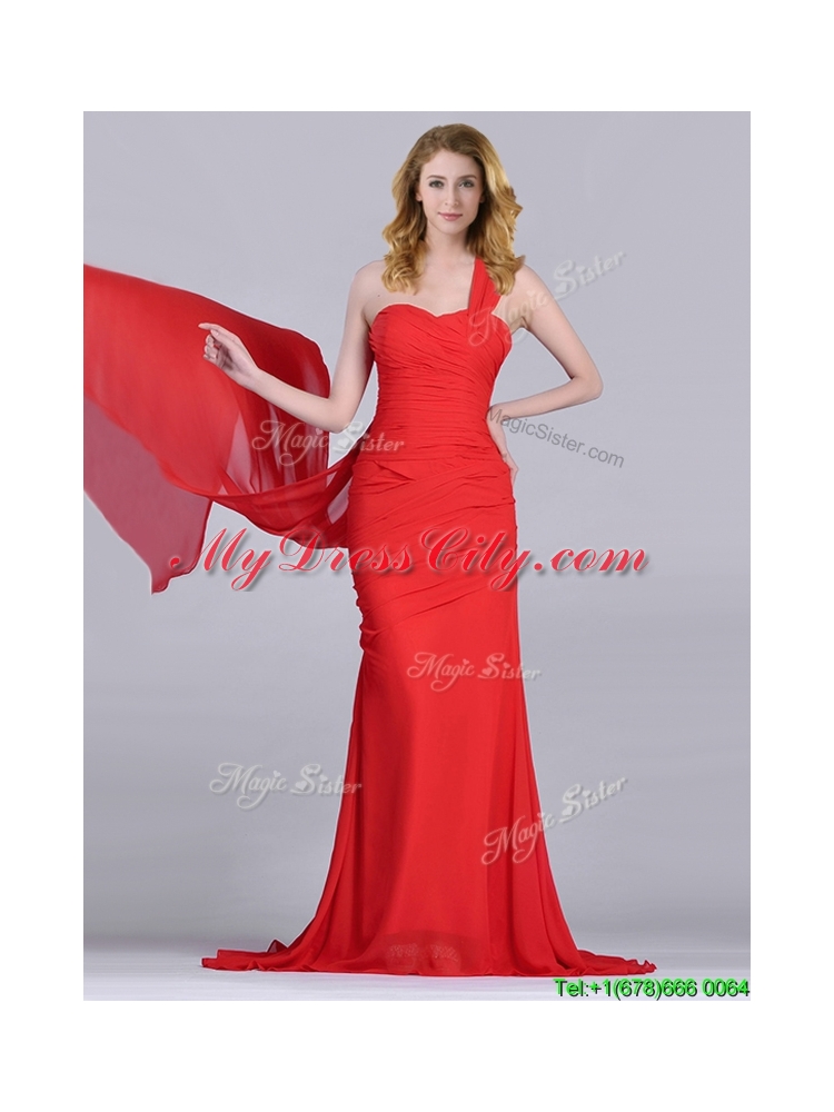 Column One Shoulder Watteau Train Coral Red Prom Dress with Side Zipper