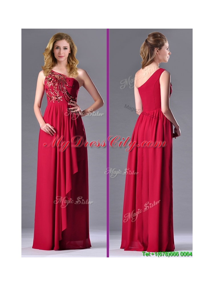 Fashionable Empire One Shoulder Sequins Red Prom Dress with Side Zipper