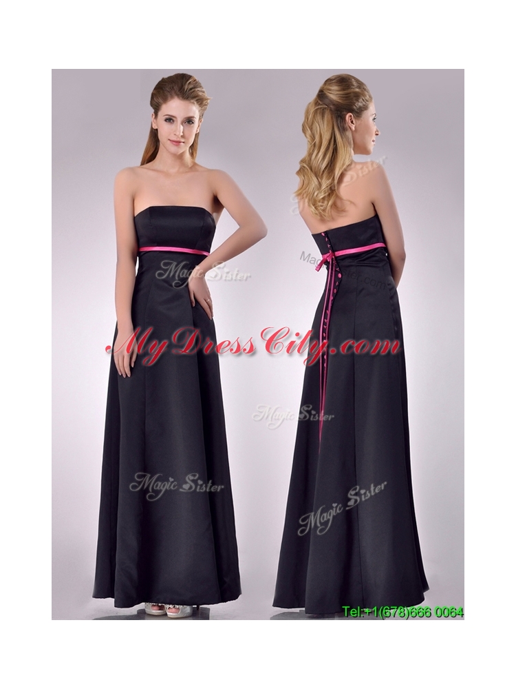 New Classical Black Ankle Length Bridesmaid Dress with Hot Pink Belt