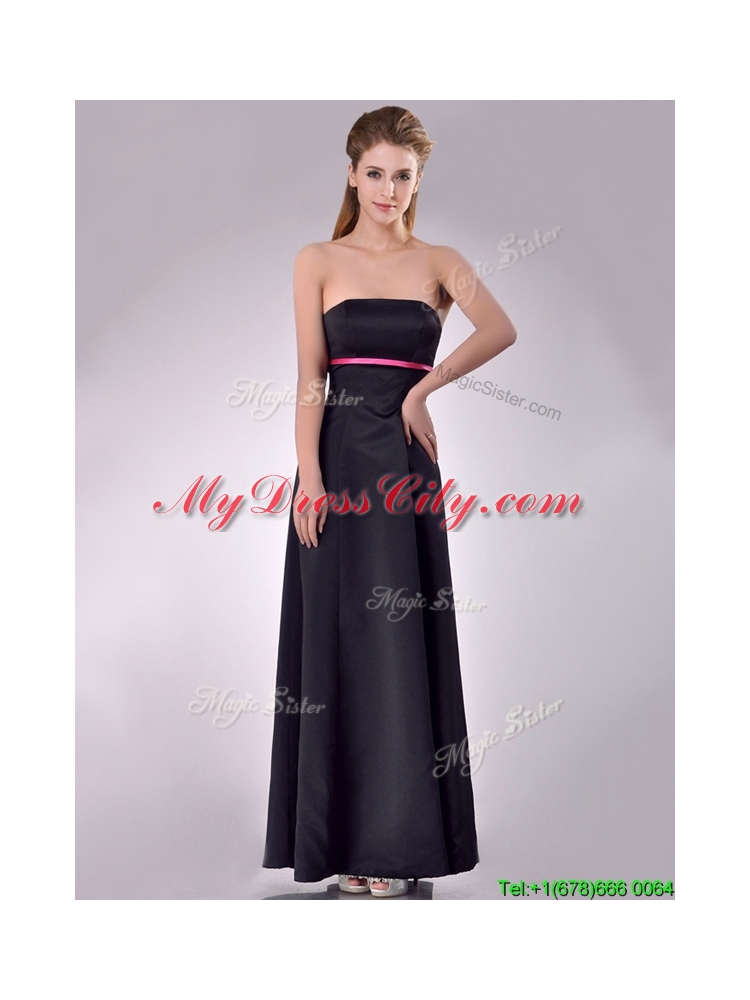New Classical Black Ankle Length Bridesmaid Dress with Hot Pink Belt