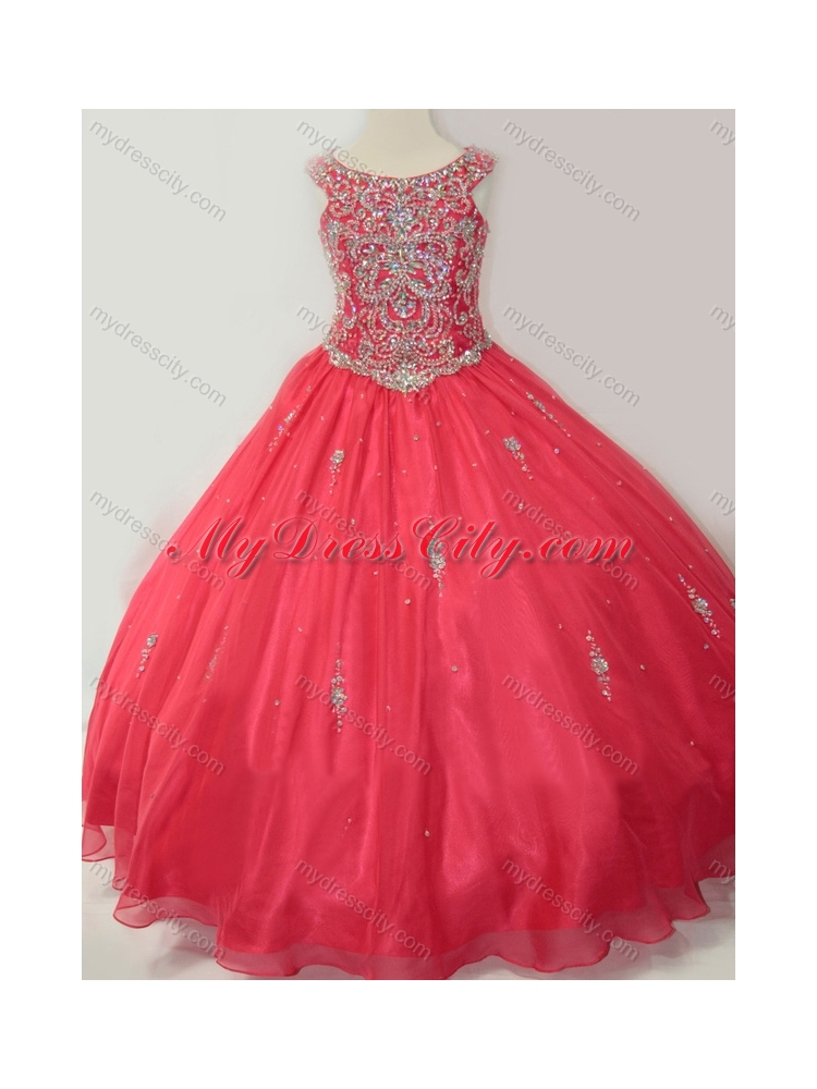 2016 Hot Sale Puffy Scoop Little Girl Pageant Dress with Beading in Coral Red