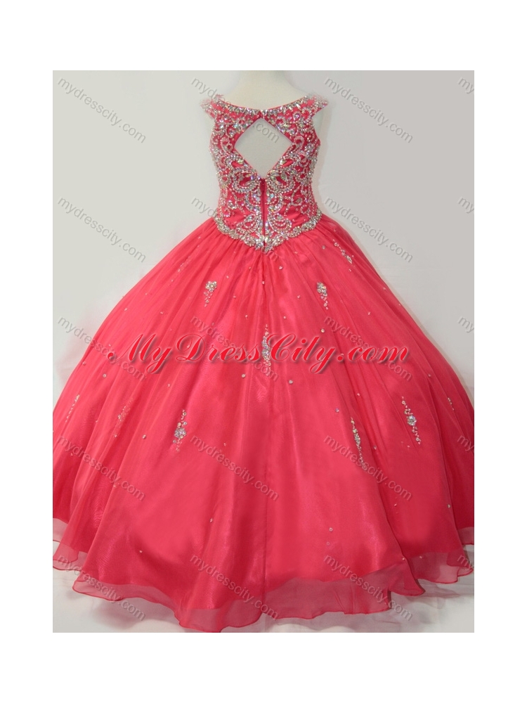 2016 Hot Sale Puffy Scoop Little Girl Pageant Dress with Beading in Coral Red