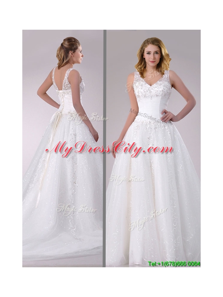 Beautiful A Line V Neck Court Train Bridal Dress with Beading and Sequins