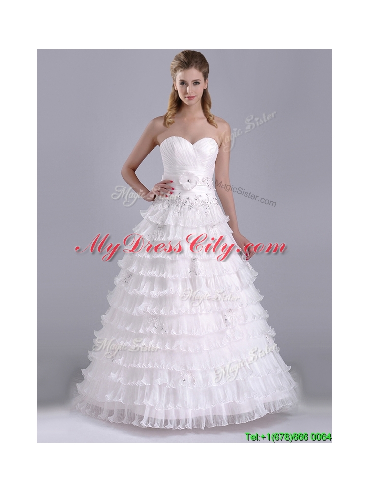 Elegant Princess Sweetheart Beaded and Ruffled Layers Bridal Dress with Court Train