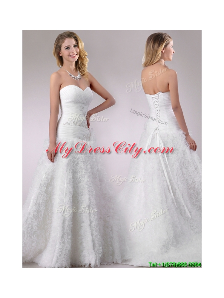 Romantic Beaded and Ruffled Rolling Flowers Wedding Dress with Brush Train