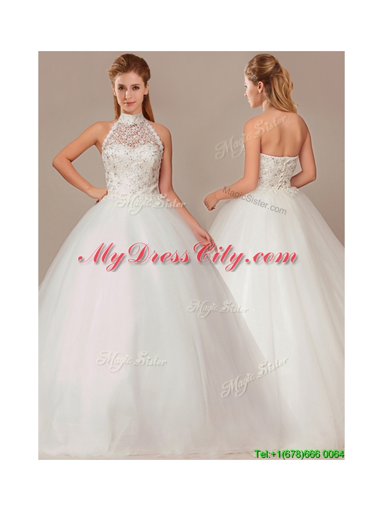 Fashionable Ball Gown High Neck Wedding Dresses with Beading and Appliques