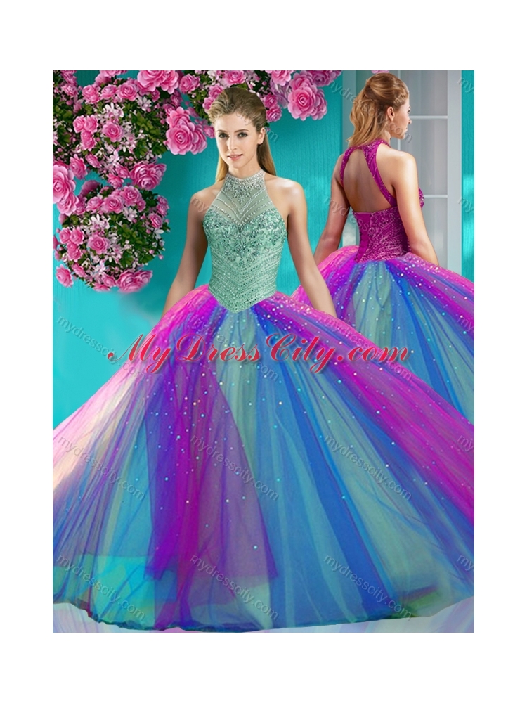 Exclusive Halter Top Really Puffy 2016 Quinceanera Dresses with Beading and Appliques