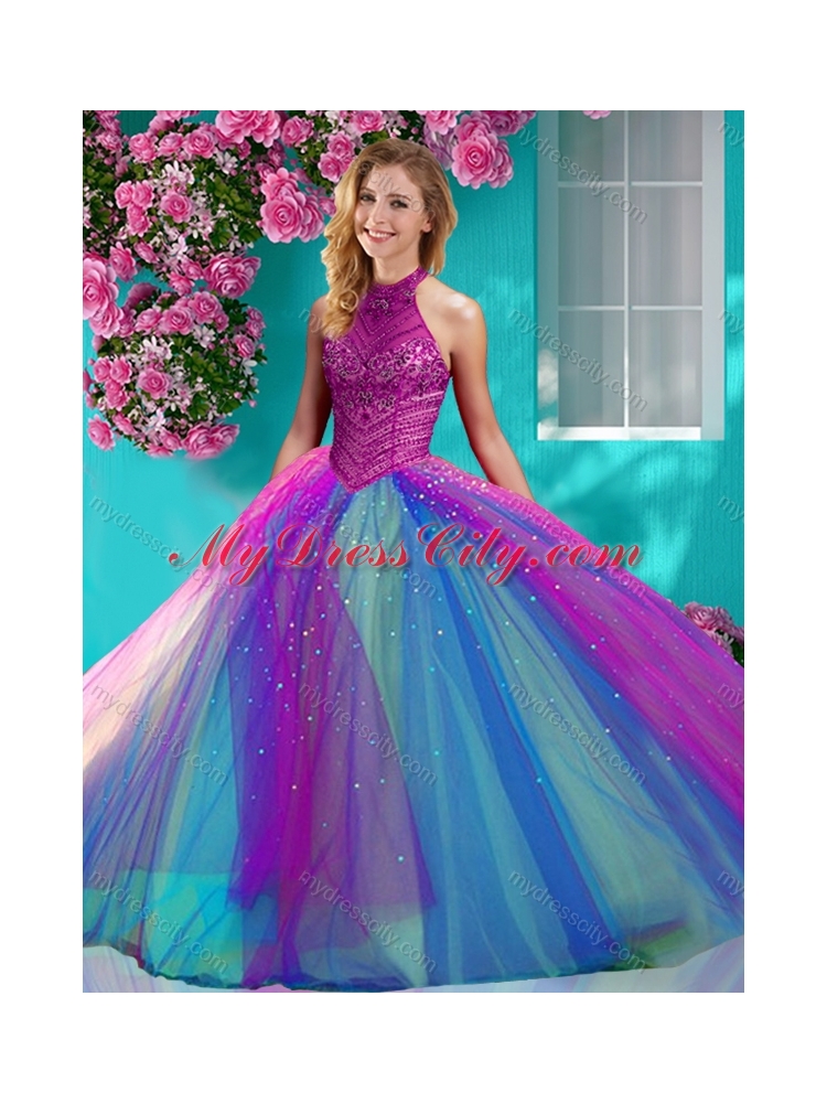 Exclusive Halter Top Really Puffy 2016 Quinceanera Dresses with Beading and Appliques