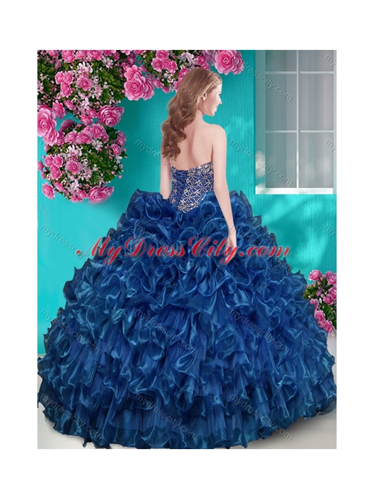Really Puffy Ruffled and Rhinestoned Quinceanera Dress with Blue Beading