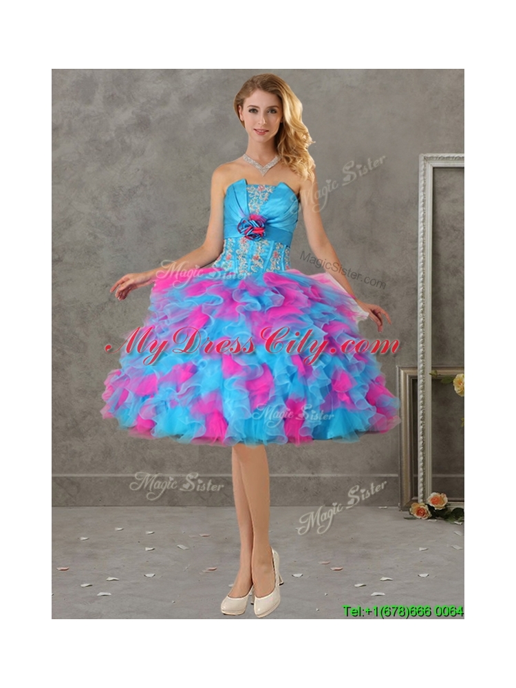 Romantic Hand Made Flowers and Ruffled Big Puffy Detachable Quinceanera Dresses in Blue and Pink