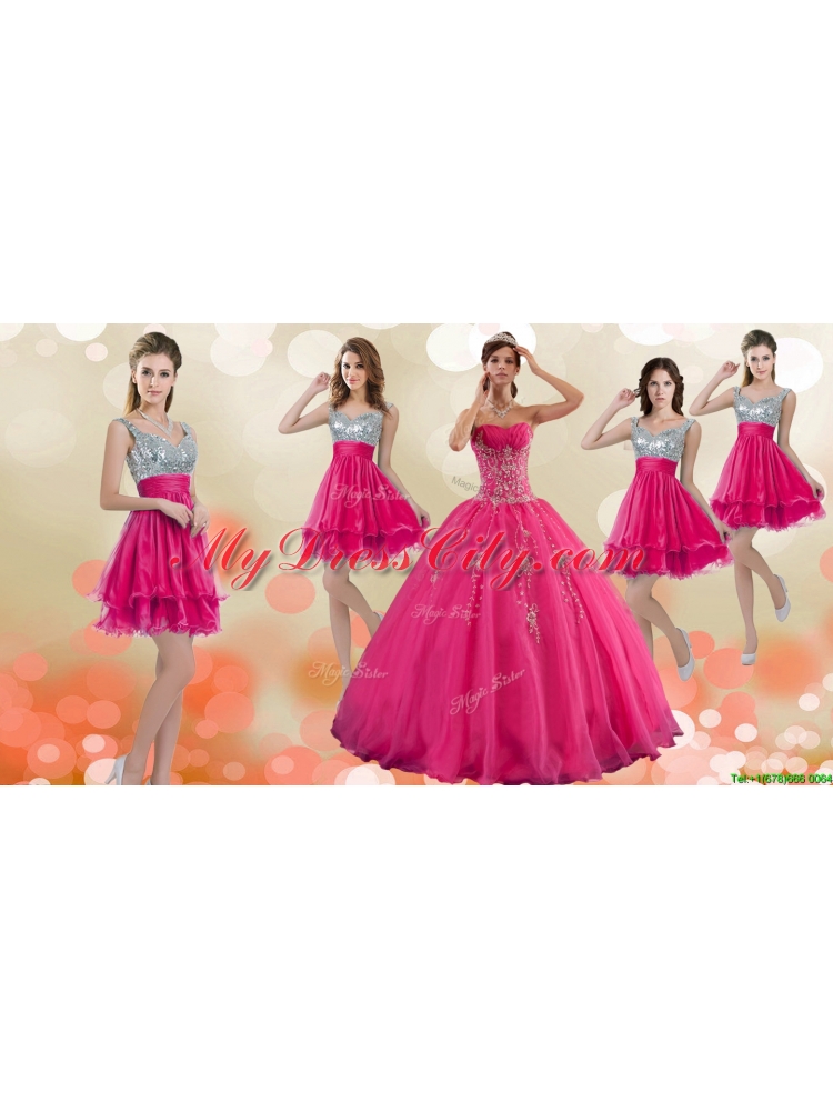 Luxurious Hot Pink Big Puffy Quinceanera Dress and Modest Sequined Straps Dama Dresses