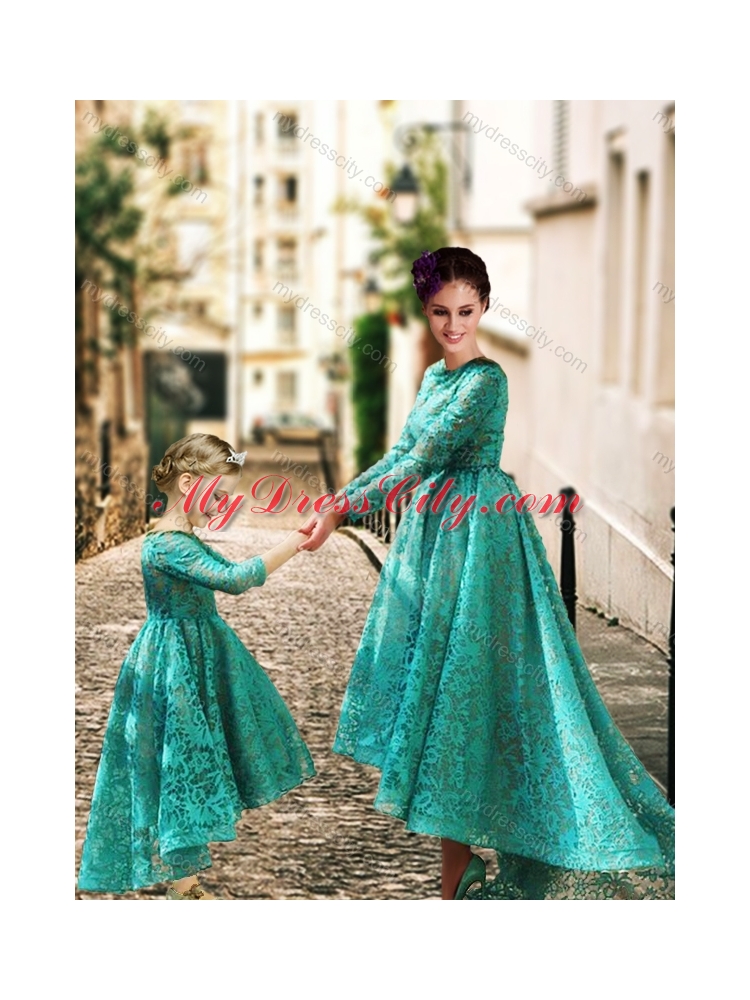 Designer Long Sleeves Prom Dress with Lace and Modest High Low Little Girl Dress with Half Sleeves