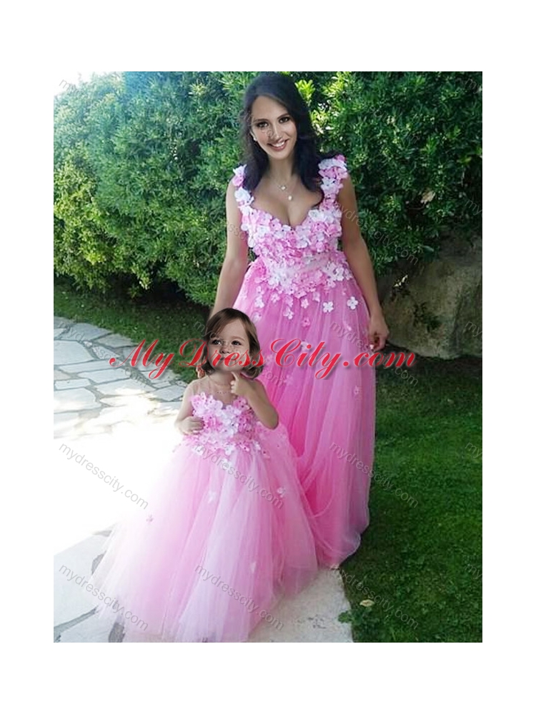 Designer Deep V Neckline Prom Dress with Appliques and Hot Sale Rose Pink Little Girl Dress with See Through Scoop