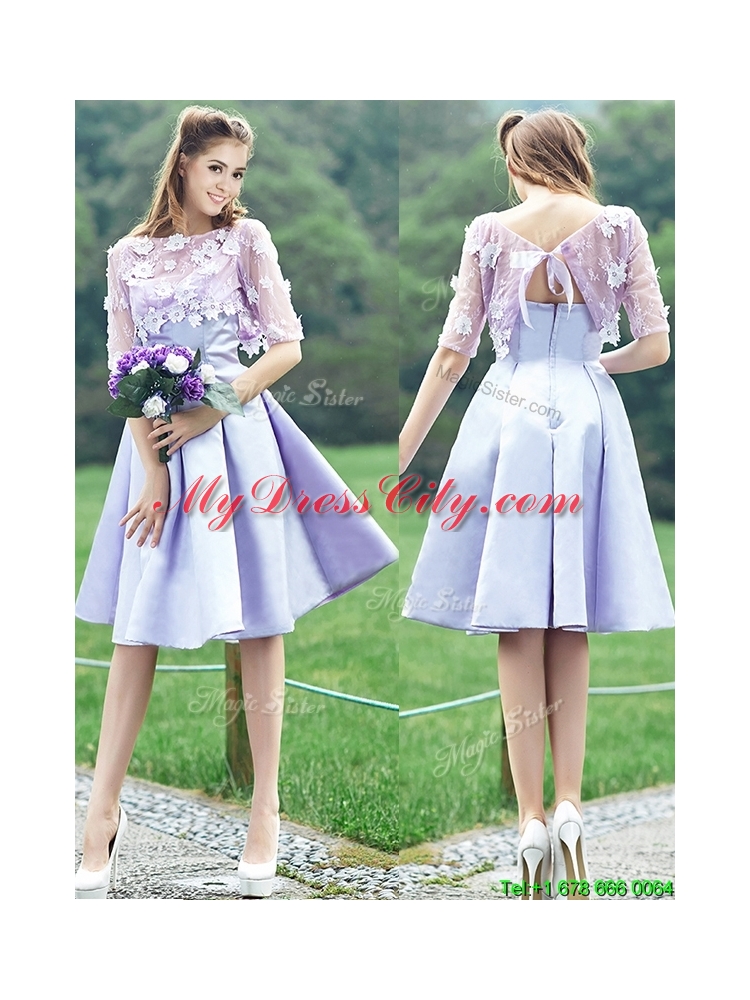 2016 New Style Bateau Half Sleeves Lavender Bridesmaid Dress with Appliques