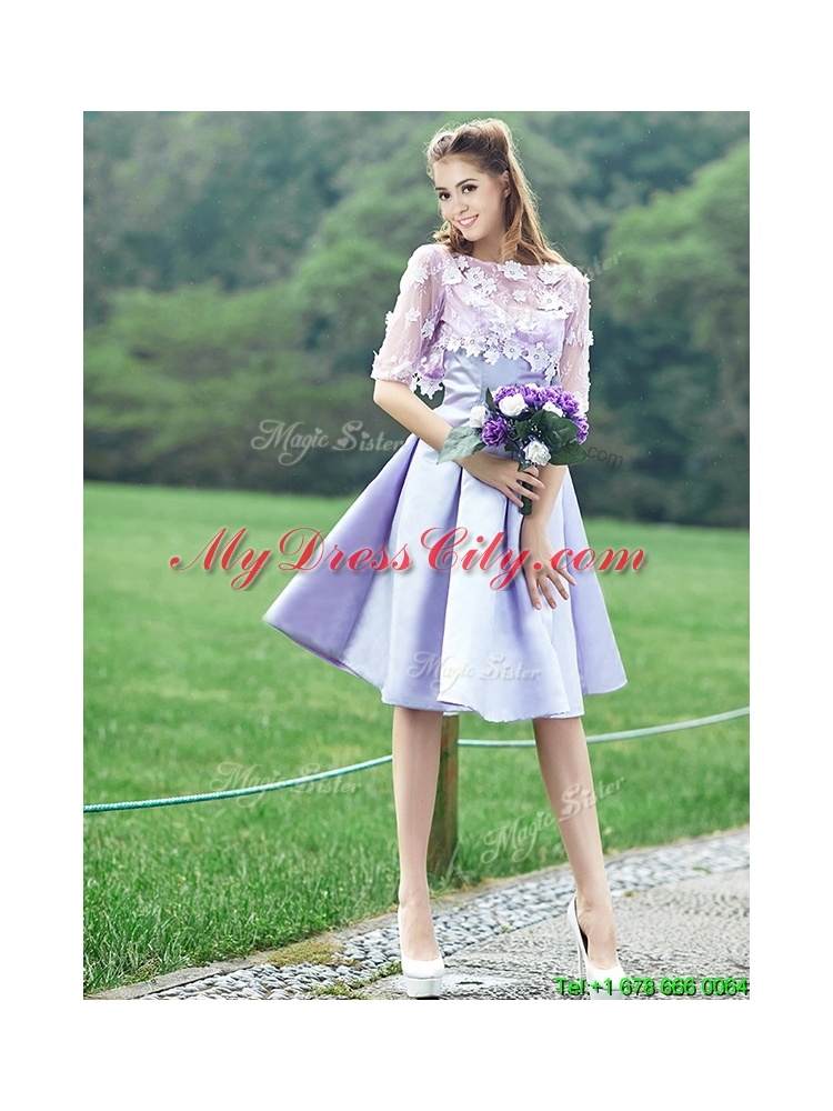 2016 New Style Bateau Half Sleeves Lavender Bridesmaid Dress with Appliques