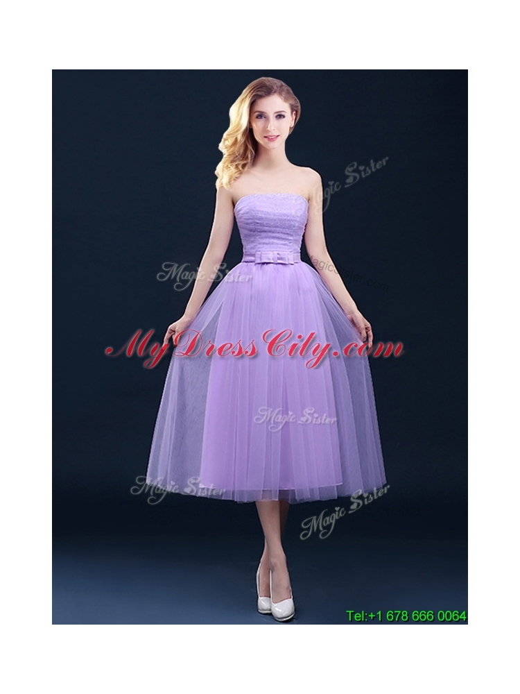 2016 Exclusive A Line Tulle Lavender Bridesmaid Dress in Tea Length